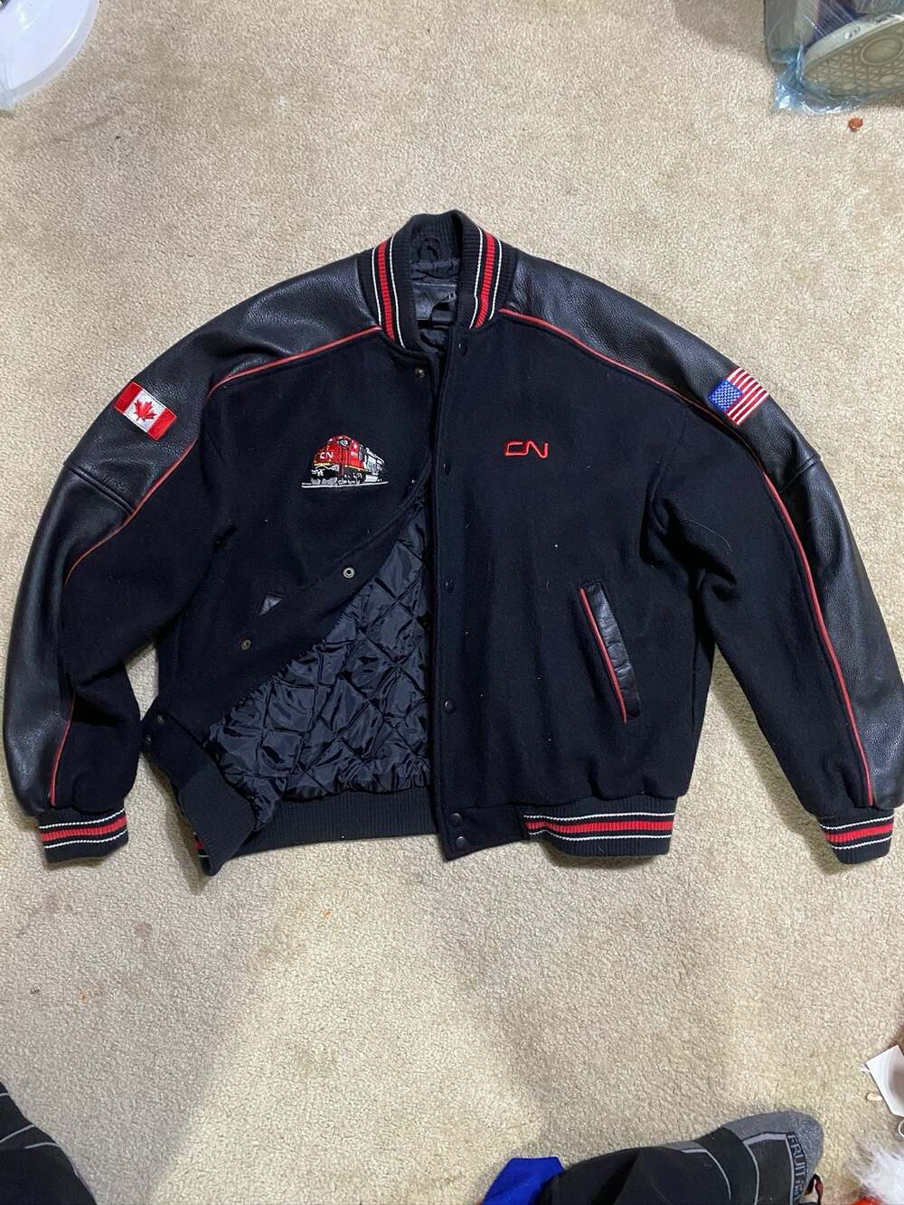 Roots CN Rail Wool & Leather Varsity Jacket Train Embroidery Size Large